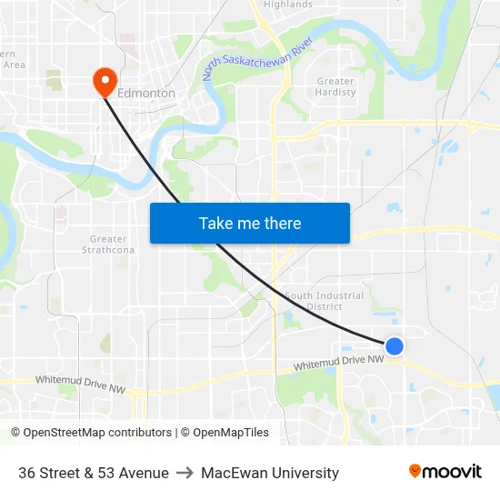 36 Street & 53 Avenue to MacEwan University map