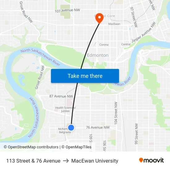 113 Street & 76 Avenue to MacEwan University map