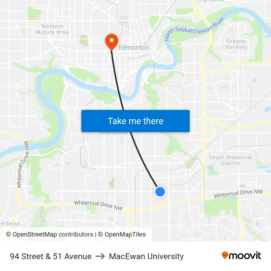 94 Street & 51 Avenue to MacEwan University map