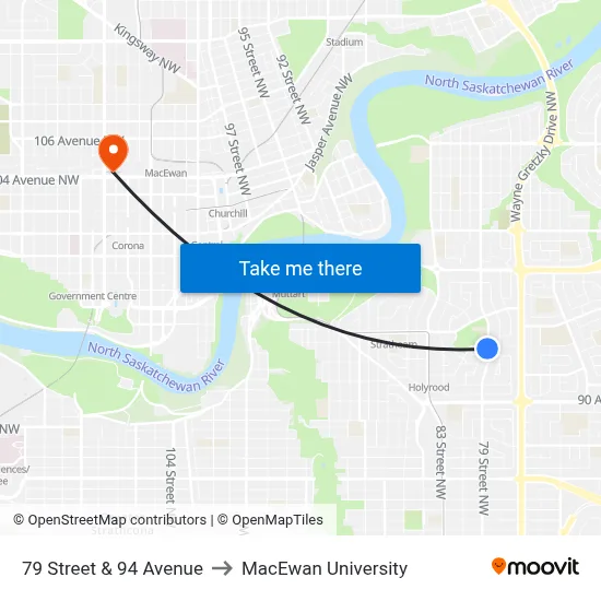 79 Street & 94 Avenue to MacEwan University map