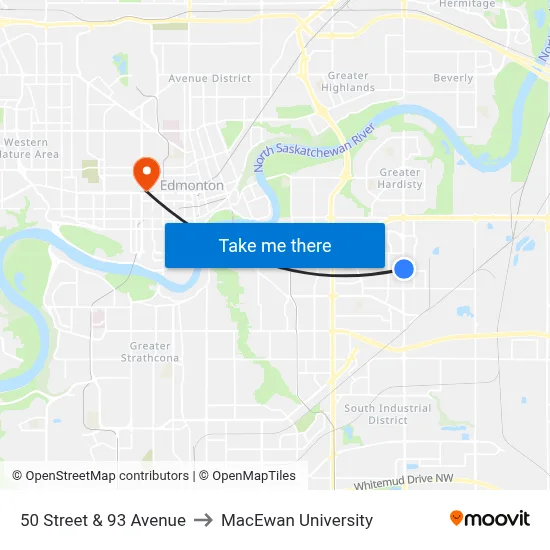 50 Street & 93 Avenue to MacEwan University map