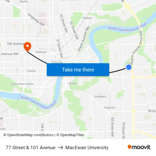 77 Street & 101 Avenue to MacEwan University map