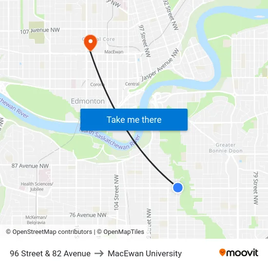 96 Street & 82 Avenue to MacEwan University map