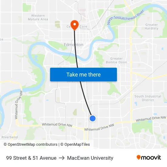 99 Street & 51 Avenue to MacEwan University map