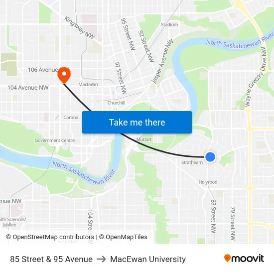 85 Street & 95 Avenue to MacEwan University map