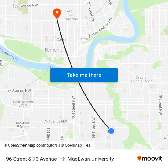 96 Street & 73 Avenue to MacEwan University map