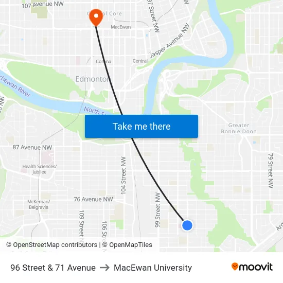 96 Street & 71 Avenue to MacEwan University map