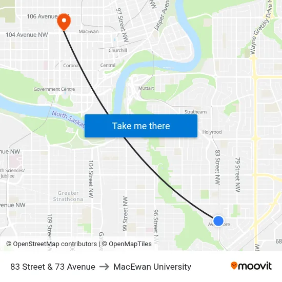 83 Street & 73 Avenue to MacEwan University map