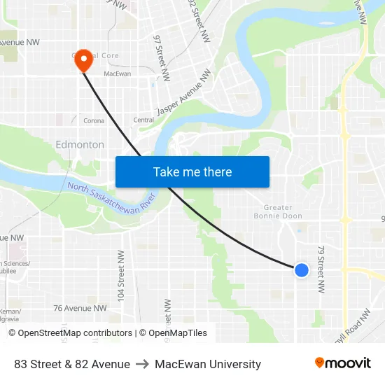 83 Street & 82 Avenue to MacEwan University map
