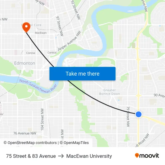 75 Street & 83 Avenue to MacEwan University map