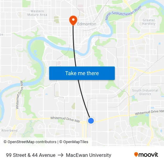99 Street & 44 Avenue to MacEwan University map