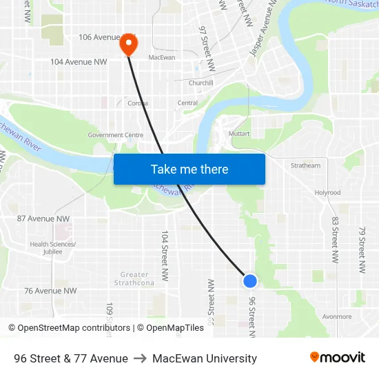 96 Street & 77 Avenue to MacEwan University map