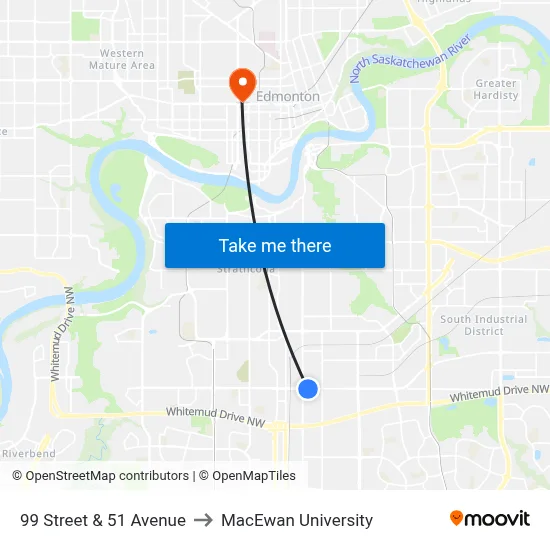 99 Street & 51 Avenue to MacEwan University map
