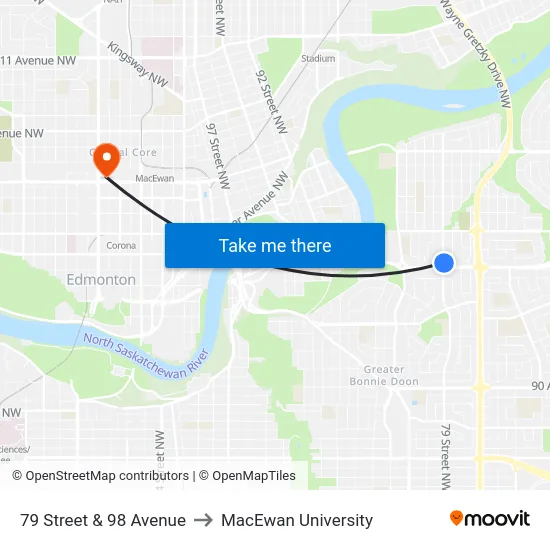 79 Street & 98 Avenue to MacEwan University map