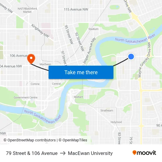 79 Street & 106 Avenue to MacEwan University map