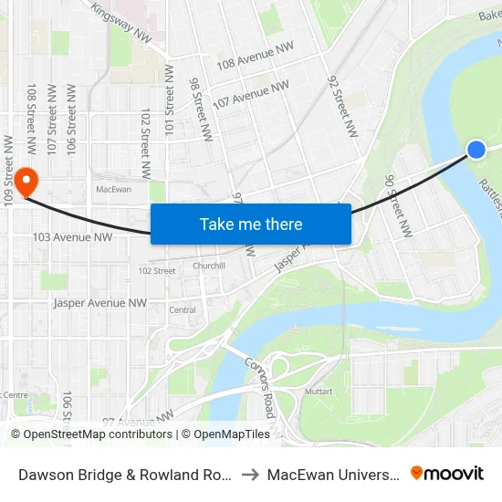 Dawson Bridge & Rowland Road to MacEwan University map