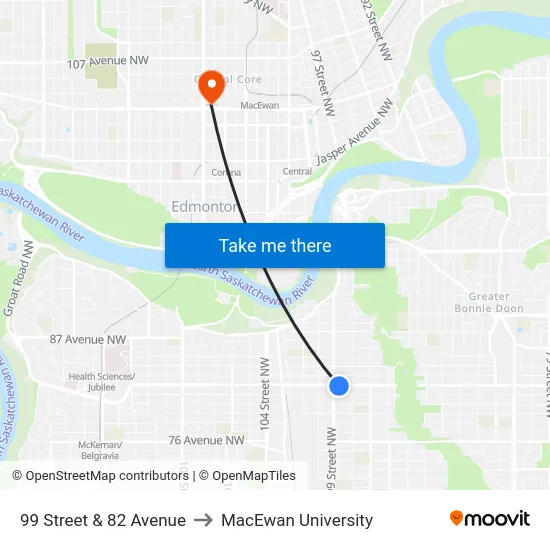 99 Street & 82 Avenue to MacEwan University map