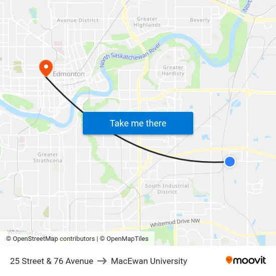25 Street & 76 Avenue to MacEwan University map