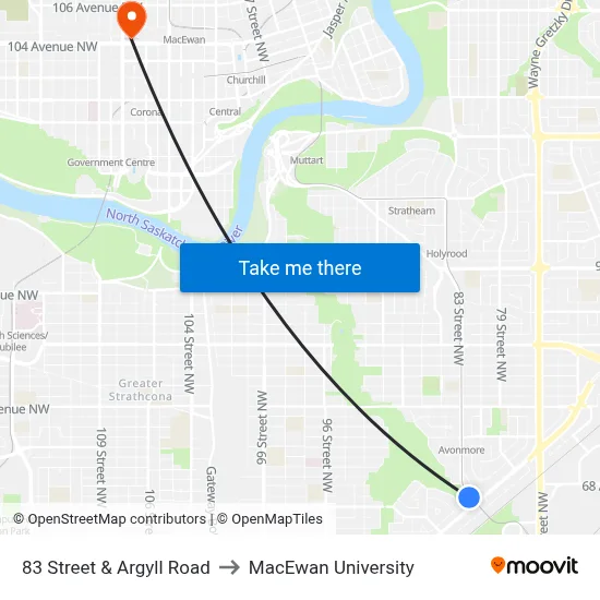 83 Street & Argyll Road to MacEwan University map