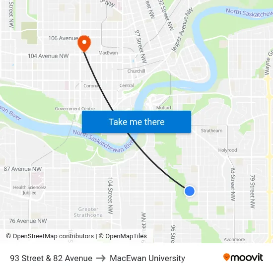 93 Street & 82 Avenue to MacEwan University map