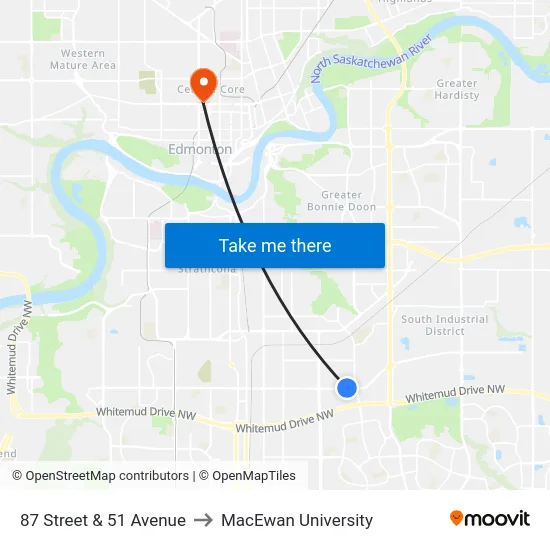 87 Street & 51 Avenue to MacEwan University map