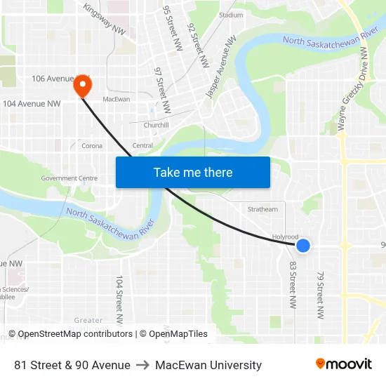 81 Street & 90 Avenue to MacEwan University map