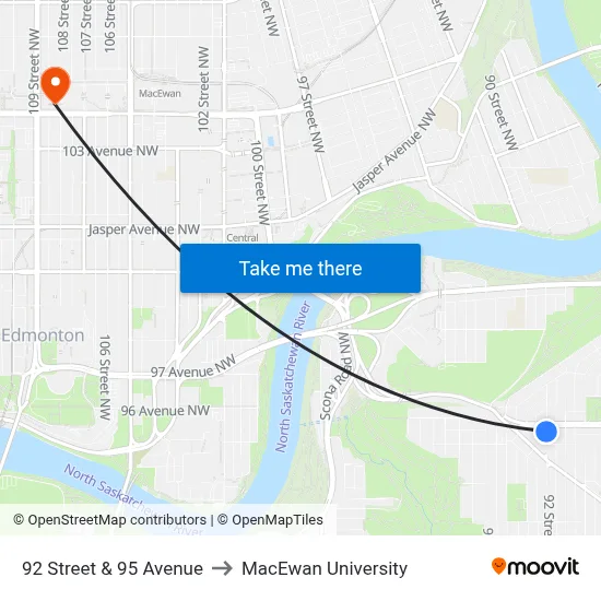 92 Street & 95 Avenue to MacEwan University map