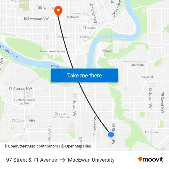 97 Street & 71 Avenue to MacEwan University map