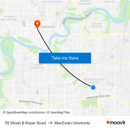 59 Street & Roper Road to MacEwan University map