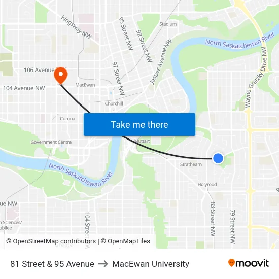 81 Street & 95 Avenue to MacEwan University map