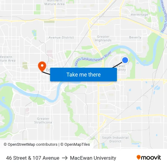 46 Street & 107 Avenue to MacEwan University map