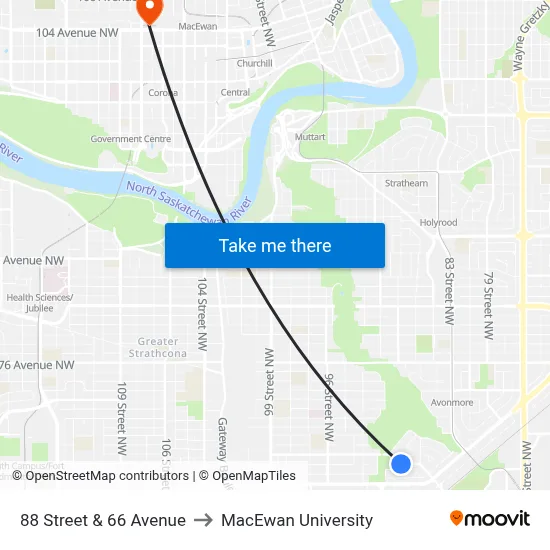 88 Street & 66 Avenue to MacEwan University map