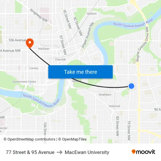 77 Street & 95 Avenue to MacEwan University map