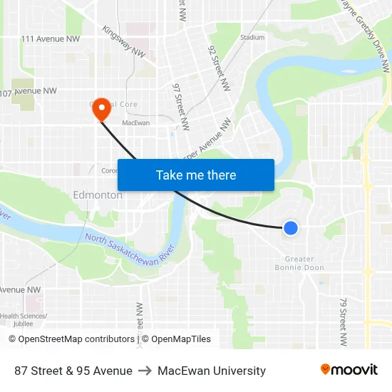 87 Street & 95 Avenue to MacEwan University map