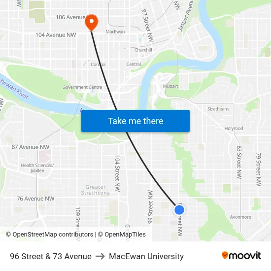 96 Street & 73 Avenue to MacEwan University map