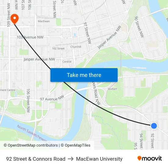 92 Street & Connors Road to MacEwan University map