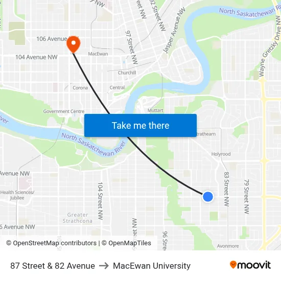 87 Street & 82 Avenue to MacEwan University map