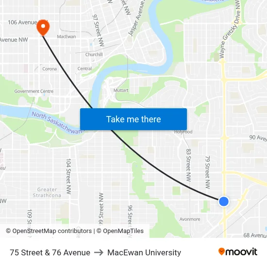 75 Street & 76 Avenue to MacEwan University map