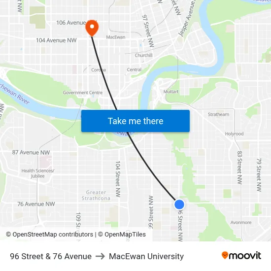 96 Street & 76 Avenue to MacEwan University map