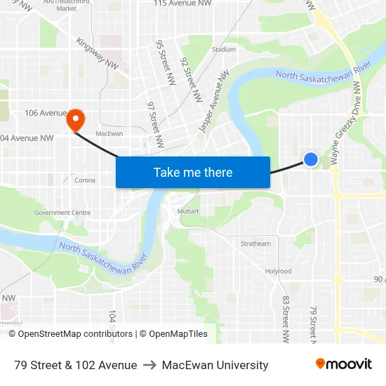 79 Street & 102 Avenue to MacEwan University map