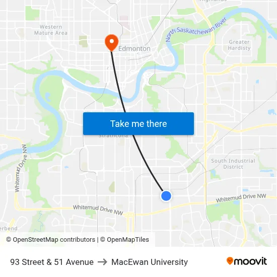 93 Street & 51 Avenue to MacEwan University map