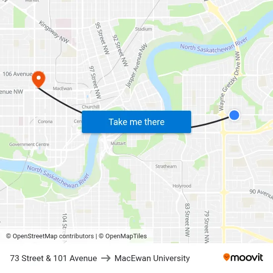 73 Street & 101 Avenue to MacEwan University map