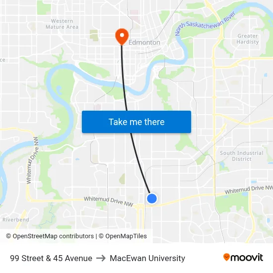 99 Street & 45 Avenue to MacEwan University map