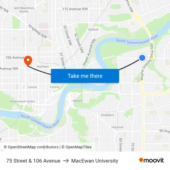 75 Street & 106 Avenue to MacEwan University map
