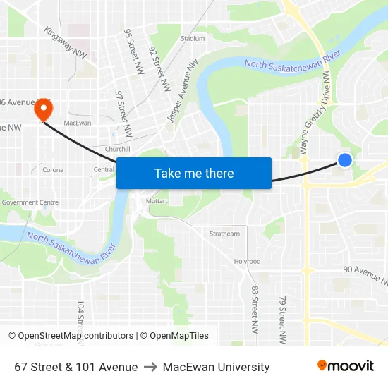 67 Street & 101 Avenue to MacEwan University map