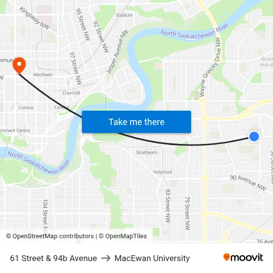 61 Street & 94b Avenue to MacEwan University map