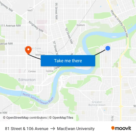 81 Street & 106 Avenue to MacEwan University map