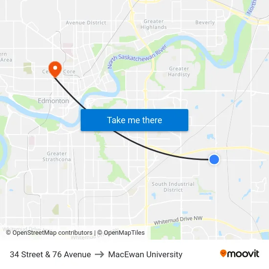 34 Street & 76 Avenue to MacEwan University map