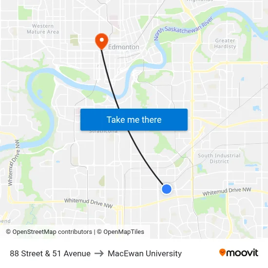 88 Street & 51 Avenue to MacEwan University map