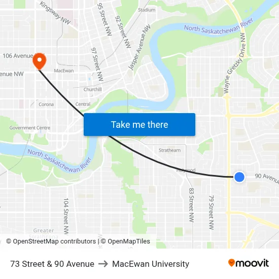 73 Street & 90 Avenue to MacEwan University map